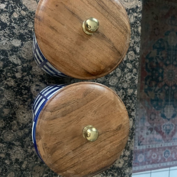 Blue and White Checkered Canisters with Wooden Lids, large - Picture 2 of 6